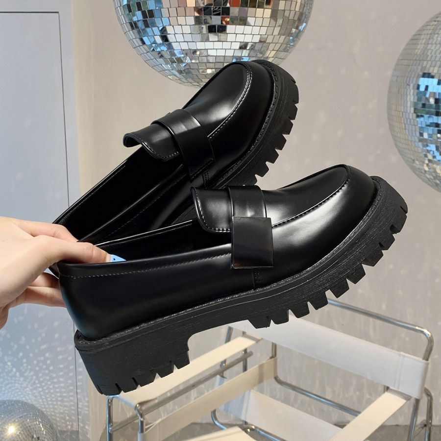 (black)2023  New Boussac Black Punk Platform Women Loafers Round Toe Chunky Heel Vintage Shoes JIN