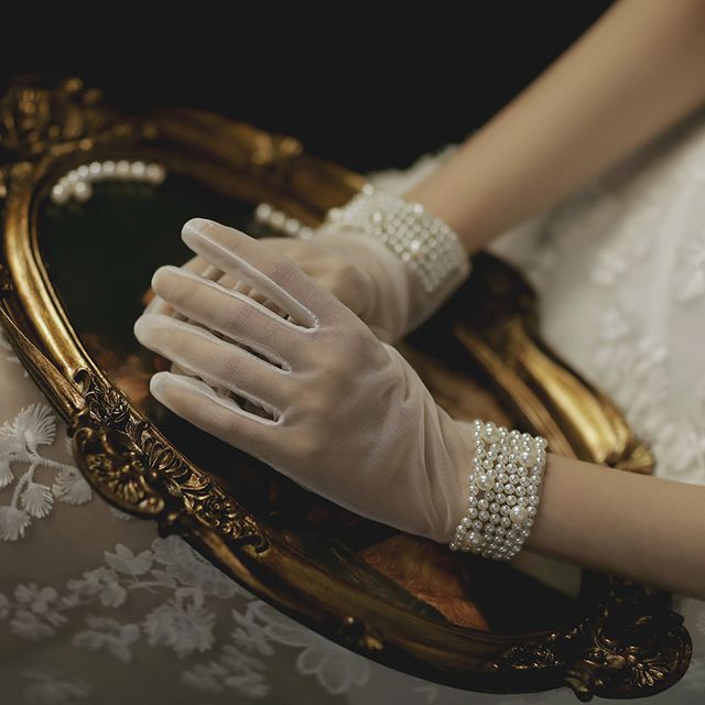 Janevini Pearls Short Bridal Gloves Full Finger Tulle Wrist