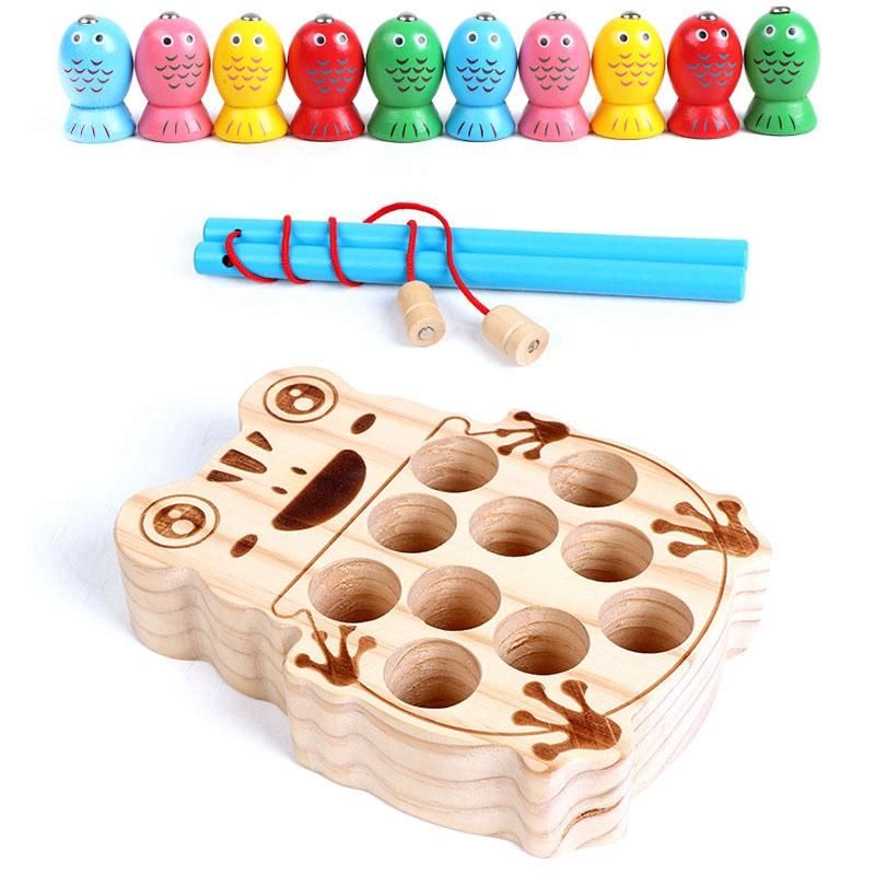 Magnetic Fishing Games Frog Base Baby Wooden Toys for