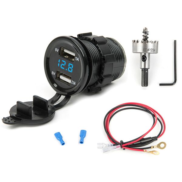 （Blue Cable Hole Saw）Dual USB Motorcycle Cigarette  Car Cigarette  Charger Socket Charger+LED Digital Voltmeter Meter Monitor 3 Colors