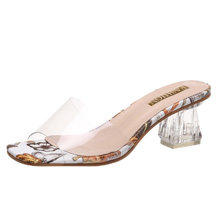 Floral Transparent Leather Mid Heel Slipper - Orange