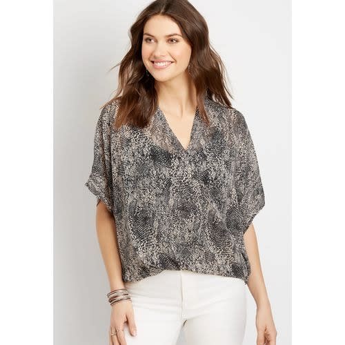 Sheer Snakeskin Wrap Front Short Sleeve Blouse