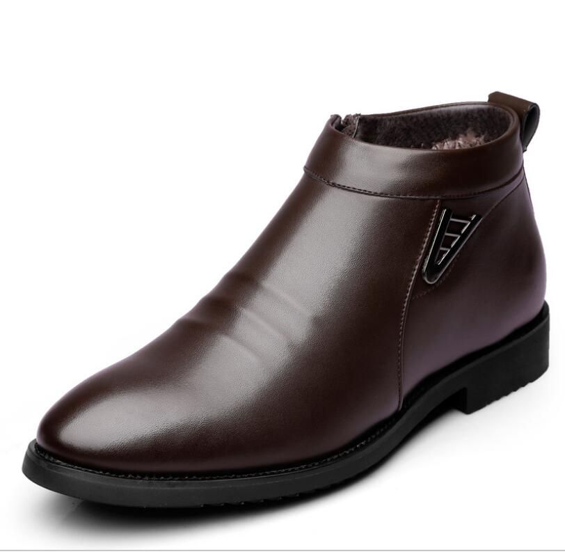 Business Chelsea Boots Mens Winter Warm Ankle Boots Men Leather Zipper Side Thick Artificial Fur Snow Boots Men Dress Shoes-brown
