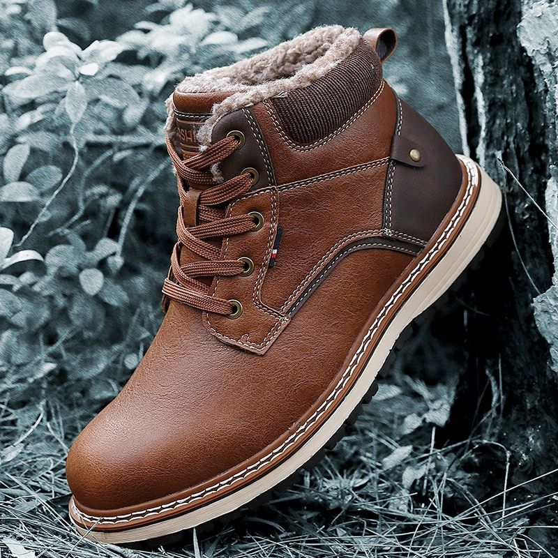 Winter Ankle Boots Men Leather Casual Shoes Outdoor Camping-9733 Brown