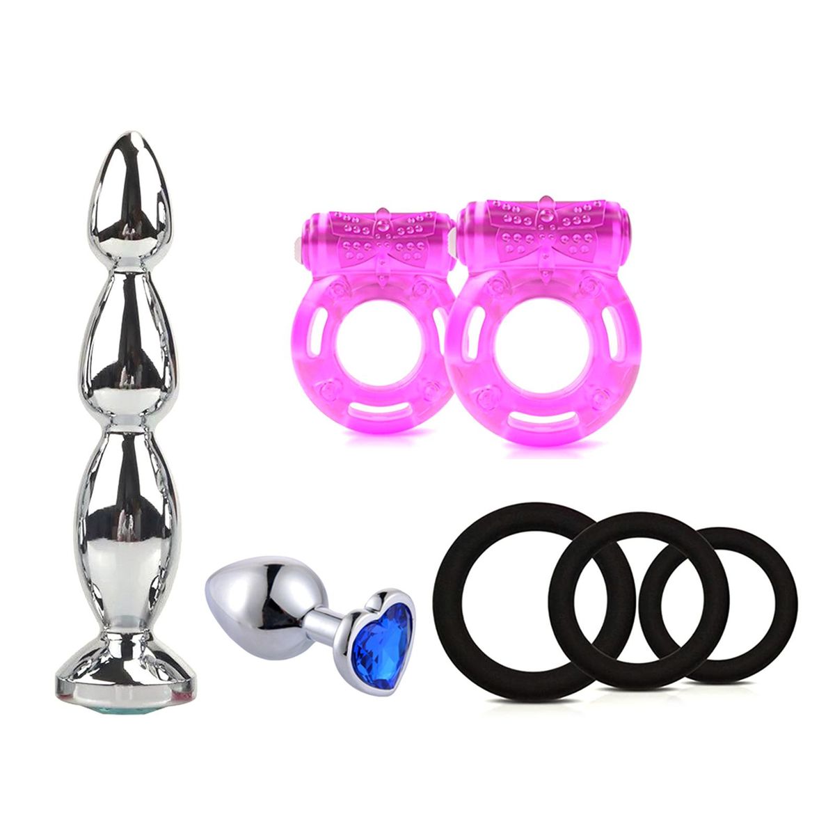Long Plug Heart-shaped Plug Small Lock Rings Set Sexual Stimulation Toy for Couples