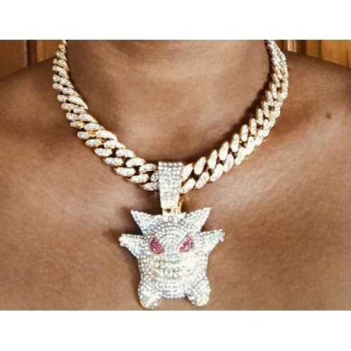 Iced Out Cuban Link Choker With Clown Pendant - Gold