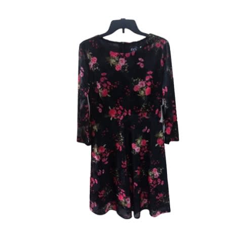 Long Sleeve Flay Dress- Black Flora - Pink