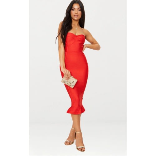Red Bandage Frill Hem Midi Dress