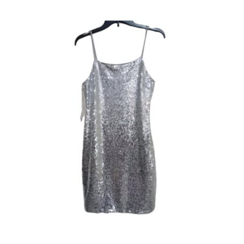 Short Sequined Strap Shoulder Sleeve Gown - Silver