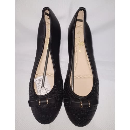 Stock Leather Bowed Female Flat Office Shoe - Black