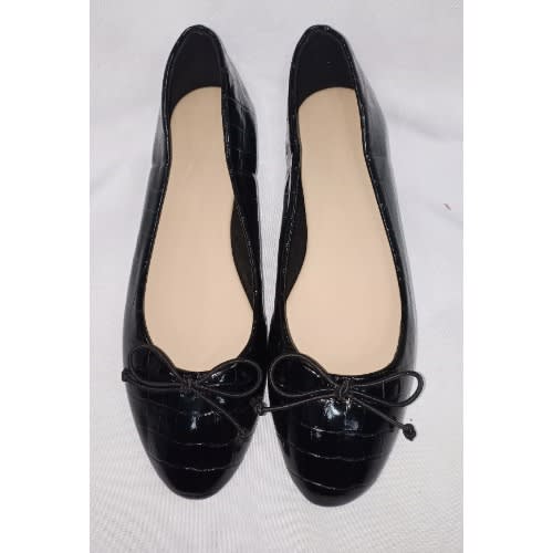 Croc Patterned Ladies Leather Flat Shoe - Black