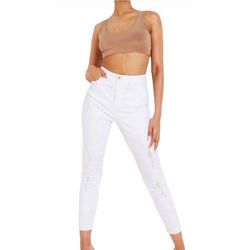 Women High Waisted Distressed Skinny Jeans- White