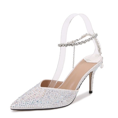 Stone Studded Ankle Strap Covered Toe Heels