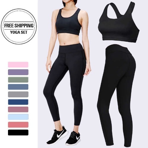 Sports Bra +- Three Quarter Leggings Set - Black