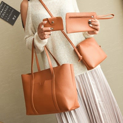 First Ladies Leather Handbag With 3 Set -Brown