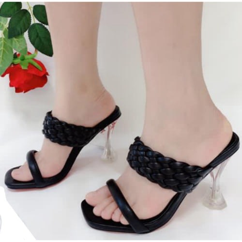 Ladies Leather Heel Slippers - Black