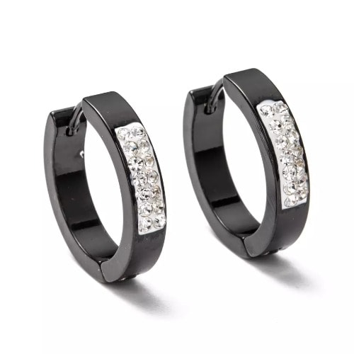 Rhinestone Steel Hoop Earrings - Black