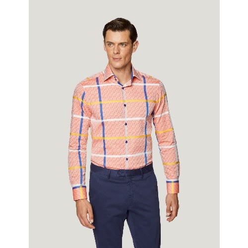Men's Curtis Orange And Blue Check Slim Fit Cotton Shirt - Low Collar