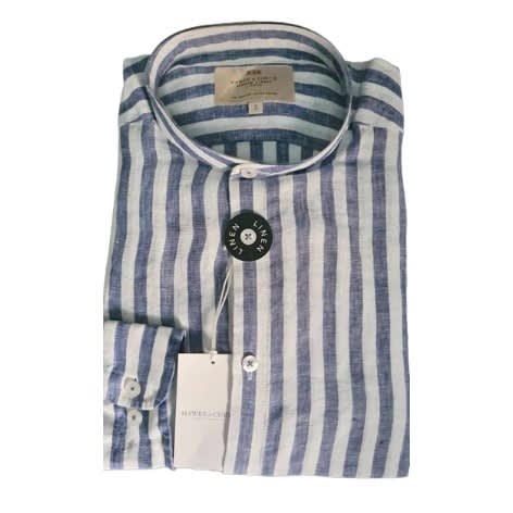 Men’s Navy & White Collarless Stripe Linen Relaxed Slim Fit Shirt