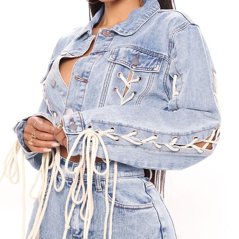 Knitted Belt Denim Coat Blue Wash Loose Denim Top