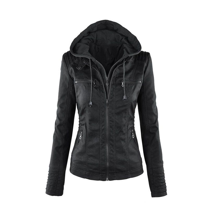 Women Detachable Hooded PU Leather Fashion Leisure Jackets