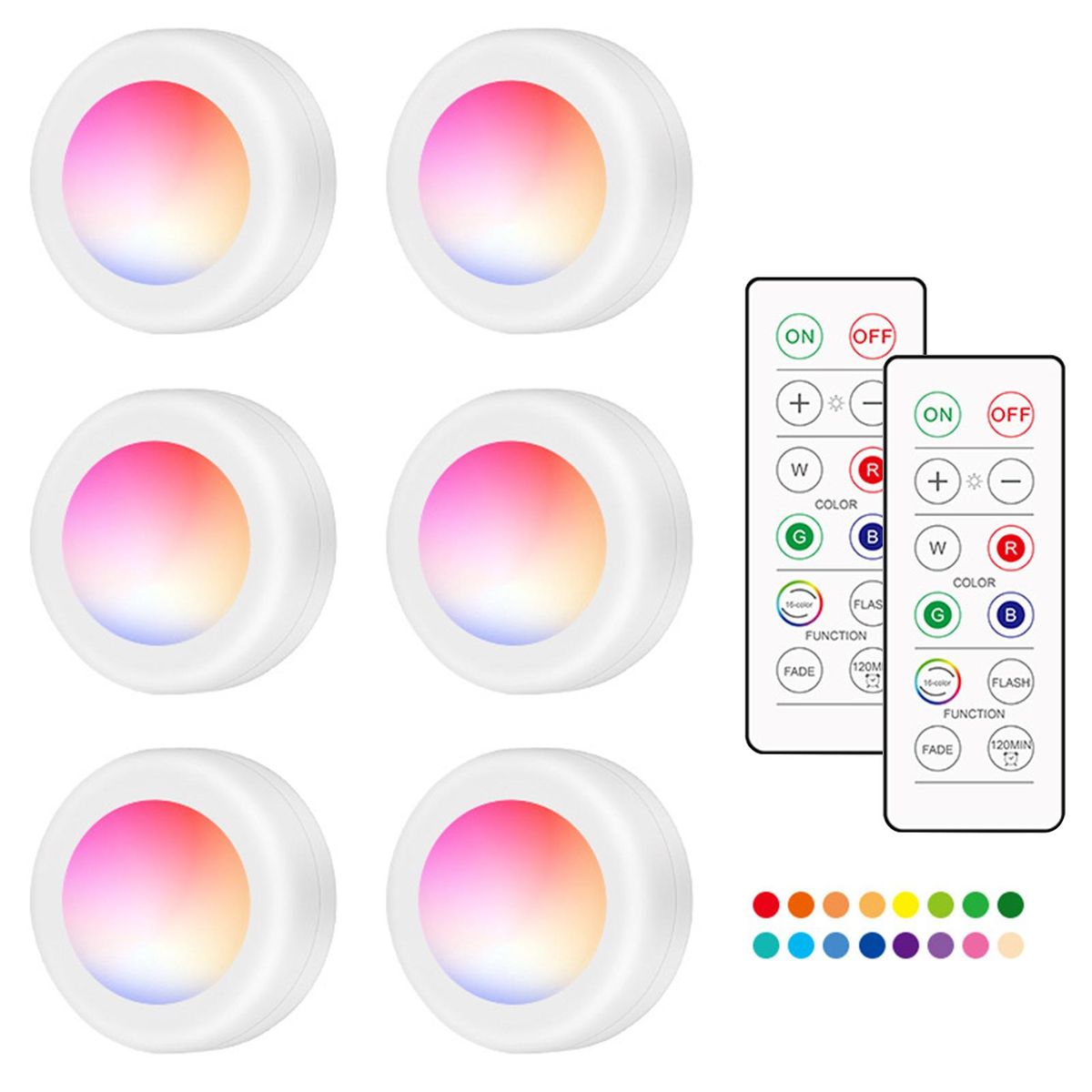16 Colors Changing RGB LEDs Under Cabinet Lamp Puck Light 6 PCS with 2 * Controller 10 Levels Brightness Adjustable Dimmable 120Mins Timing Supported 16 Colors Changing/ Flash/ Fade 2 Lighting Modes 3* AAA  Operated Powered f