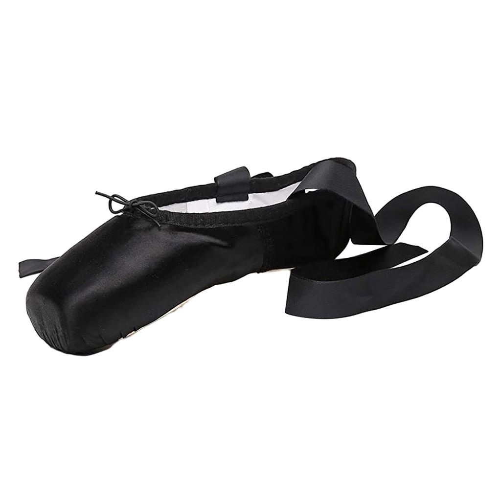 Pointe Ballet Dance Shoes With Ribbon Lace Up Flat Suede Sole Black 38