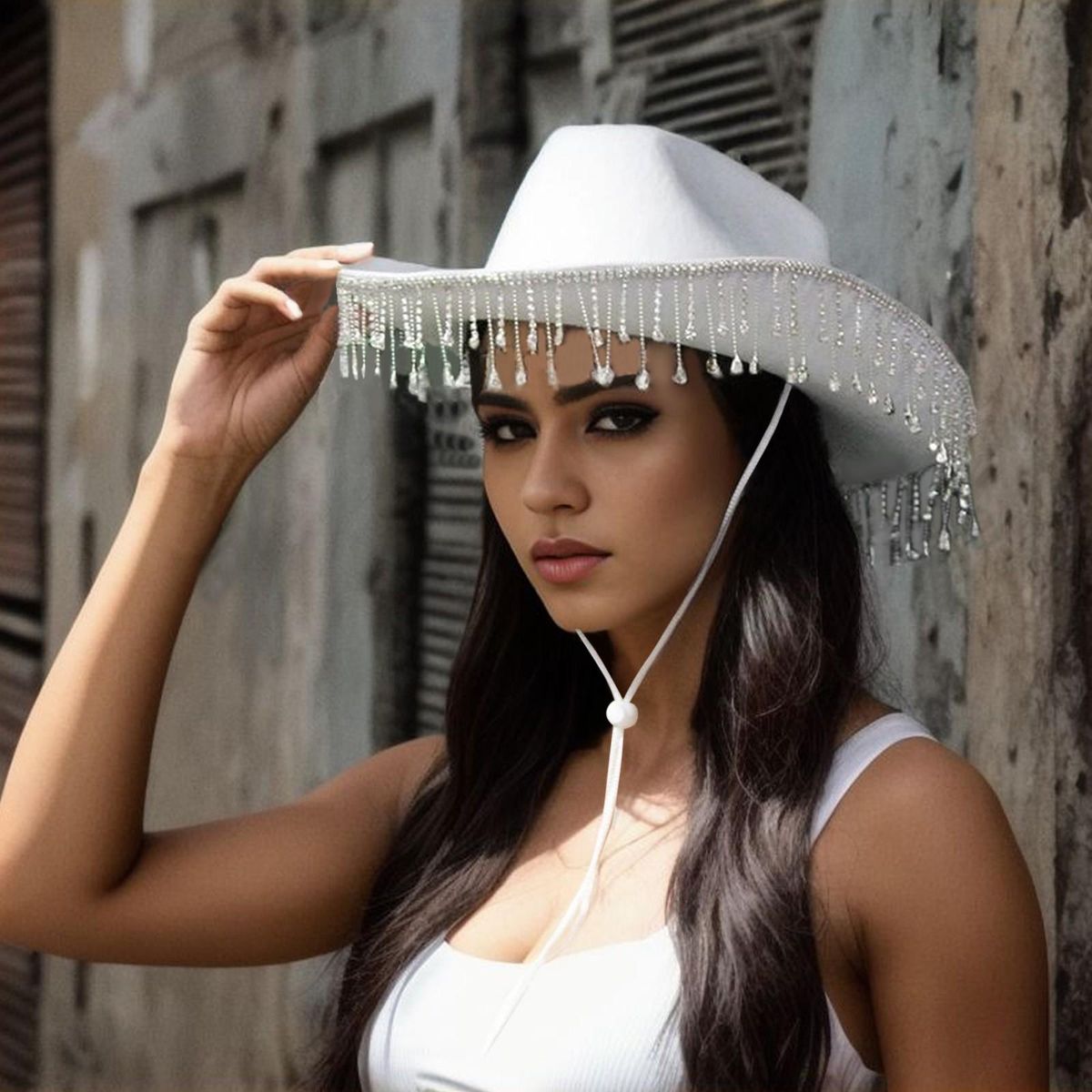 Glitter Rhinestones Fringe Cowgirl Hats Cow Girl Hat With Adjustable Drawstring Western Cowboy Cap For Cosplay Party Costume