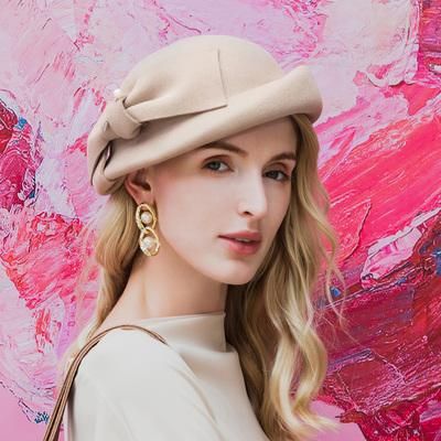 Light Camel FS Wool Felt Hats For Women White Beret Spring Winter Elegant Church Wedding Fedoras Fascinators tail Party Pillbox Cap 2023