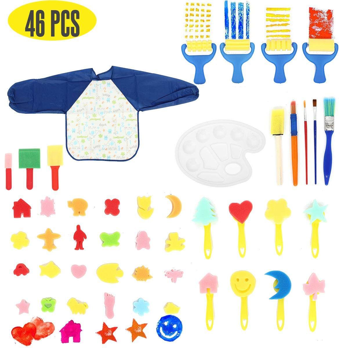 46 Pieces Sponge Paint Craft Brushes For Toddlers Assorted Pattern, Including Children Waterproof Art Smock Apron (46pcs)
