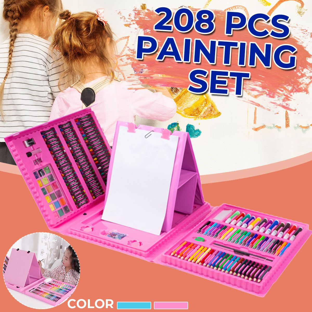 208 PCS Colored Pencil Crayon Watercolors Pens Brush Drawing Set Toy Art Marker Pens Supplies Kid Gift Pink