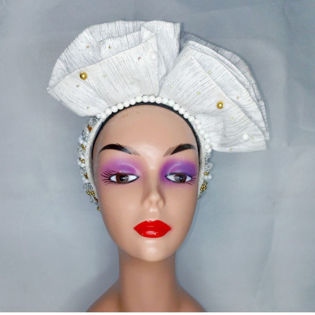 Asooke Beaded Headband Headwear Hairband Headpiece  - White
