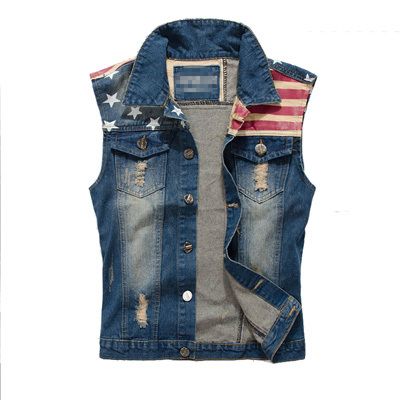 Brand Jacket Tank Spring Usa Flag Washed Jeans Mens Denim Vest Men Jacket