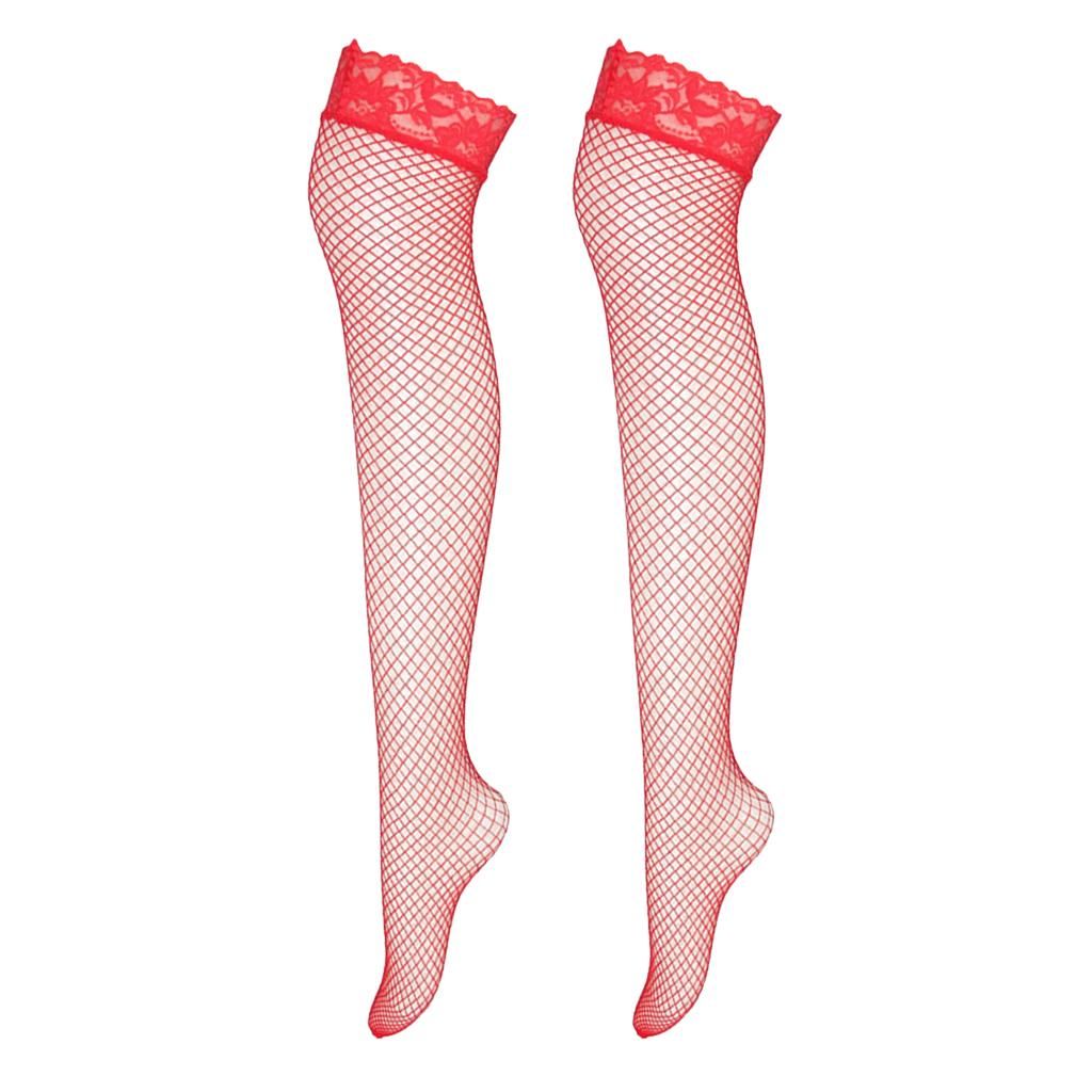 Ladies Fishnet Thigh-High Long Stockings Elastic Floral Lace Red