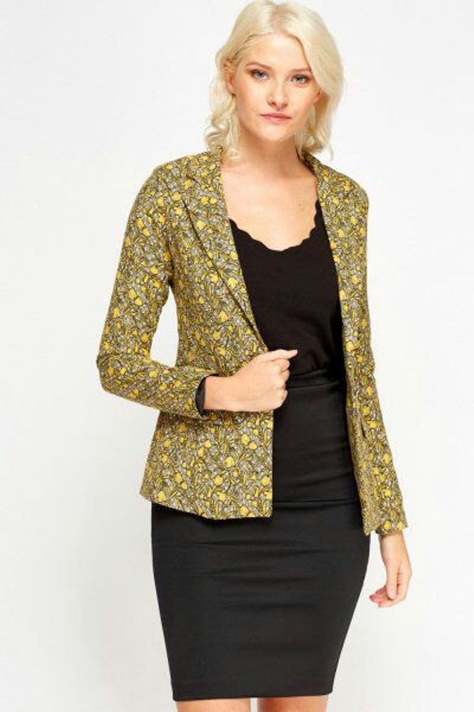 Mixed Print Lapel Blazer - Yellow