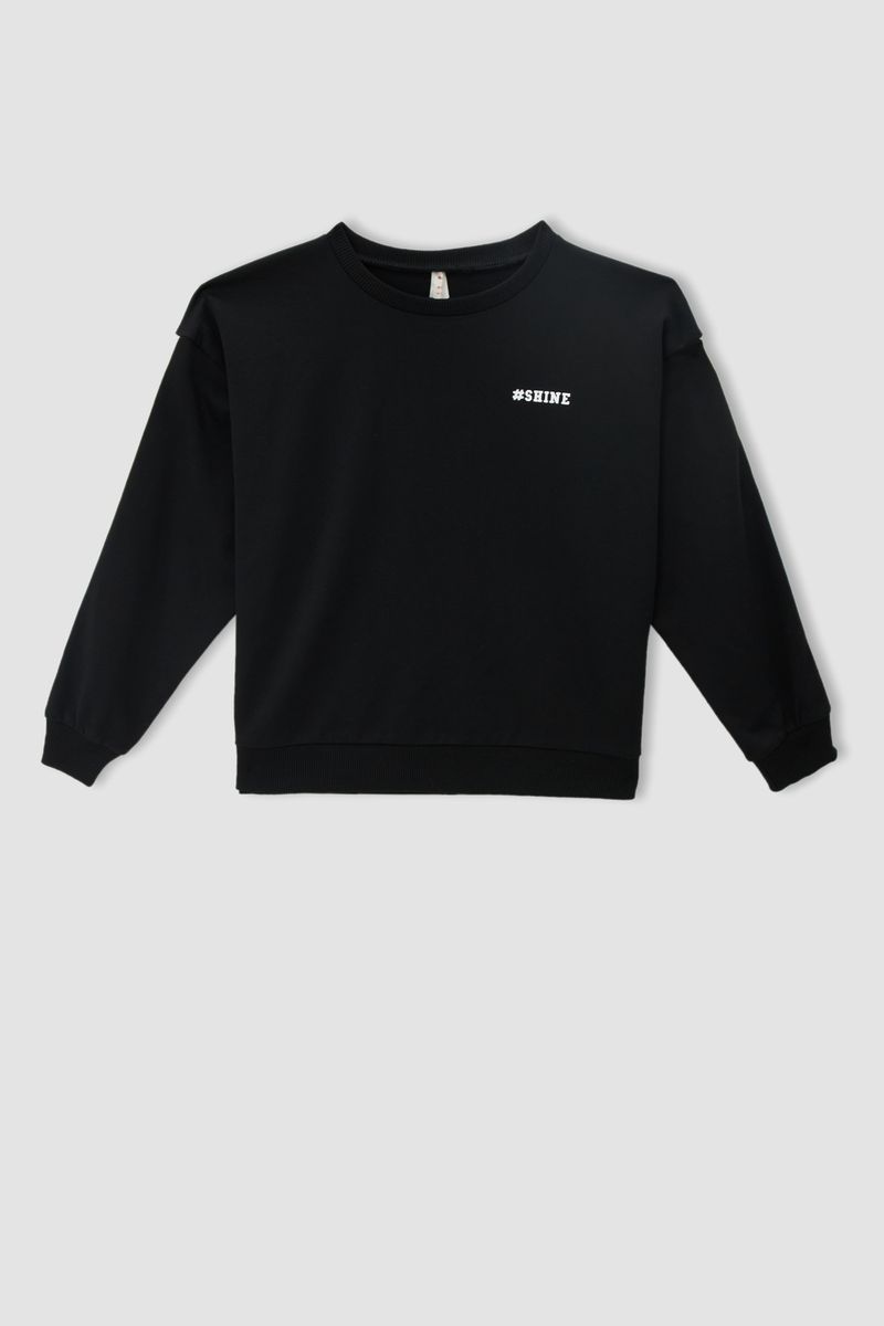 Girl Regular Fit Crew Neck Knitted Sweatshirt - Black