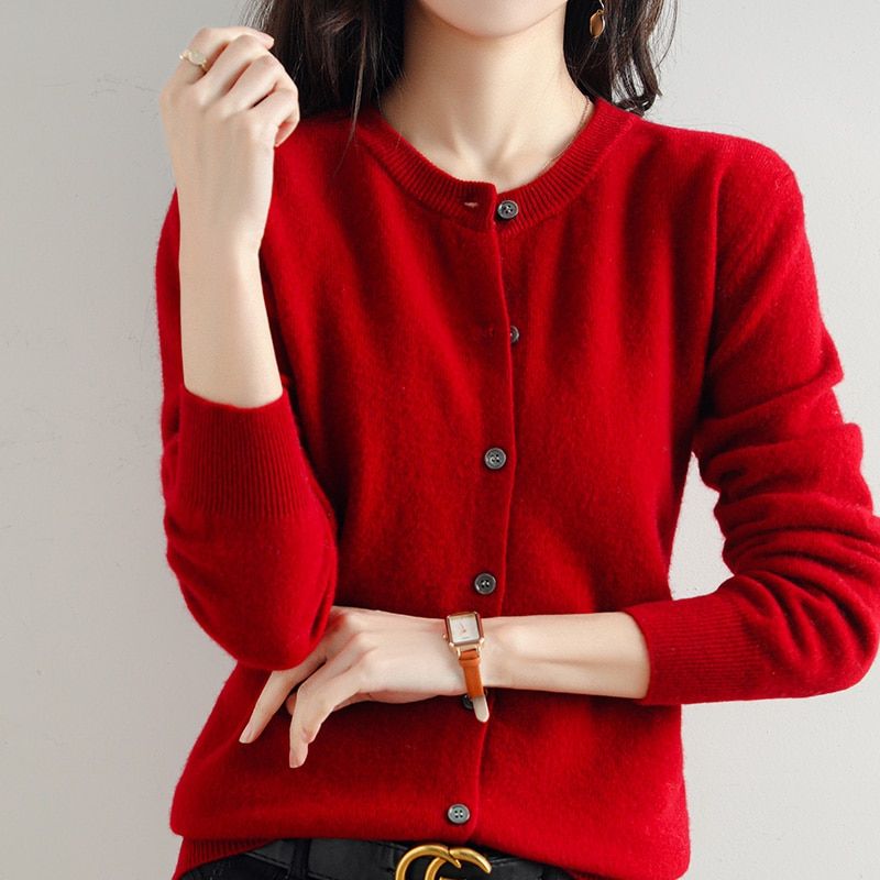 Cashmere Women Cardigan O-Neck Sweater Spring Autumn Winter Female-Wine Red
