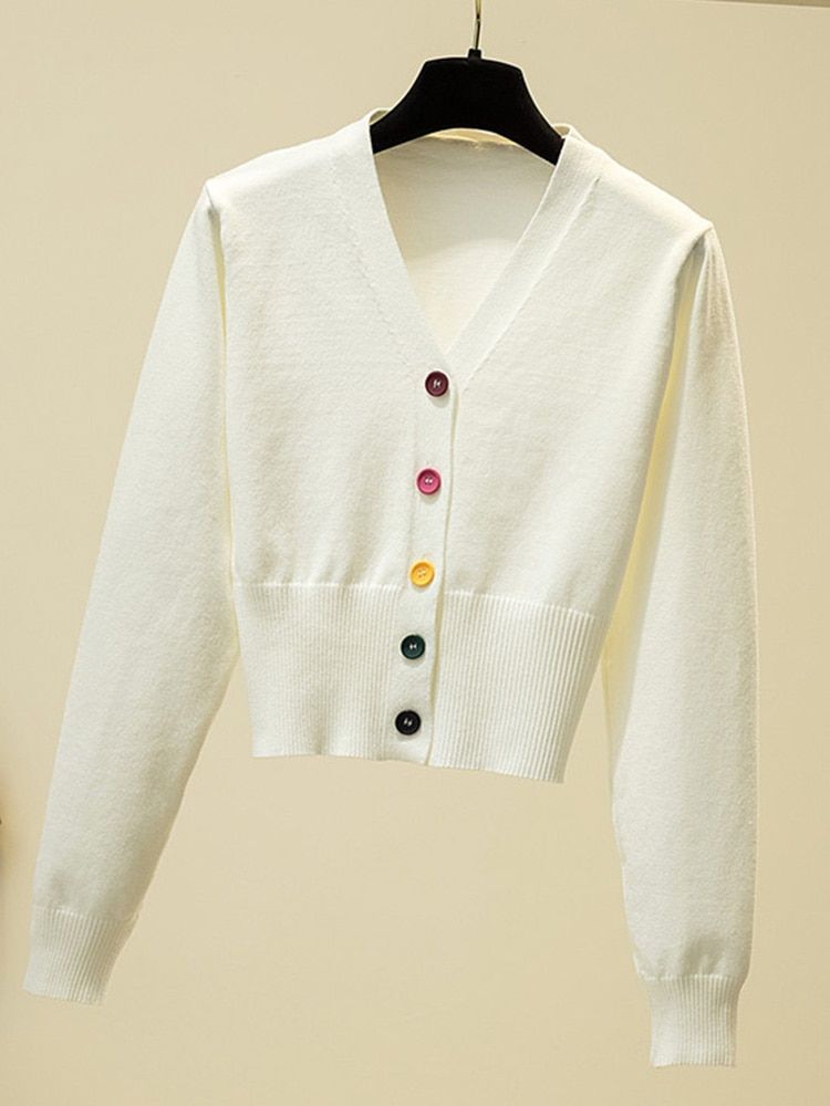 Long Sleeve Knitted Sweater Women Pink Crop Tops V Neck On-