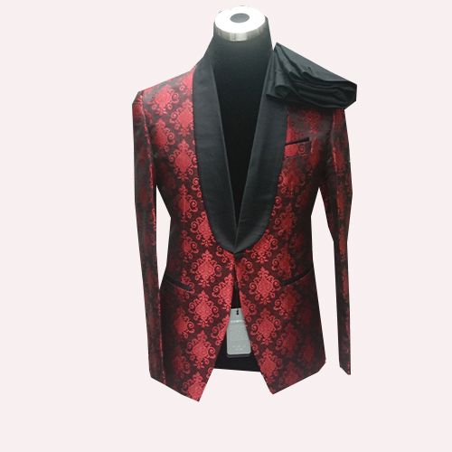 Elegant Men's Slim Fit Flower Suit - Wine Color