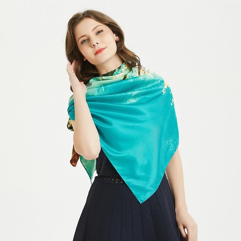 19 Summer New Silk Scarf Women's 130cm Twill Silk Artificial Silk Sunscreen Shawl European and American Oil Painting Jungle Square Scarf