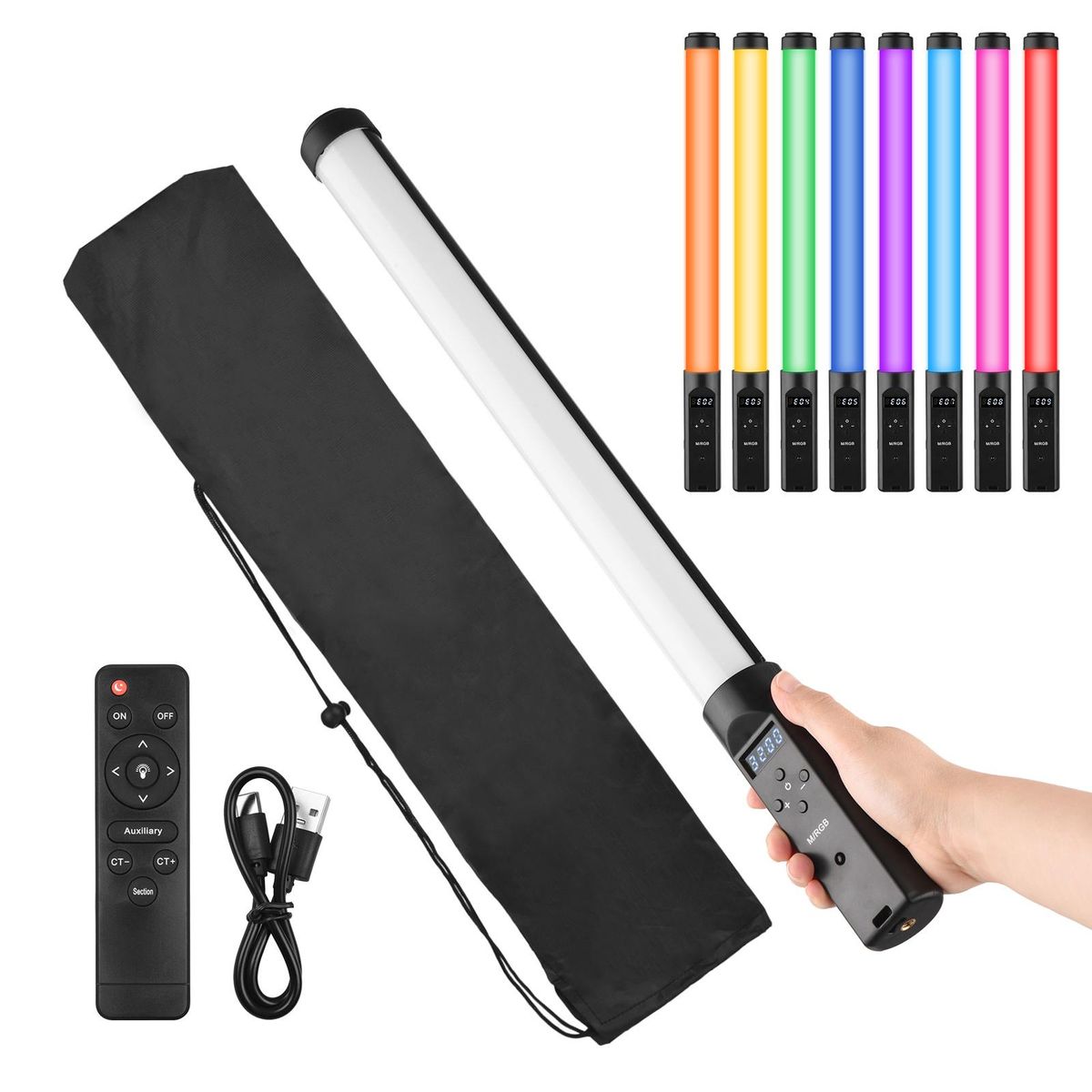 Handheld RGB Tube Light LED Video Light Wand 3200K-5500K Dimmable 9 Colorful Lighting Effects Built-in Battery with Remote Control for Vlog Live Streaming Product Portrait Photography