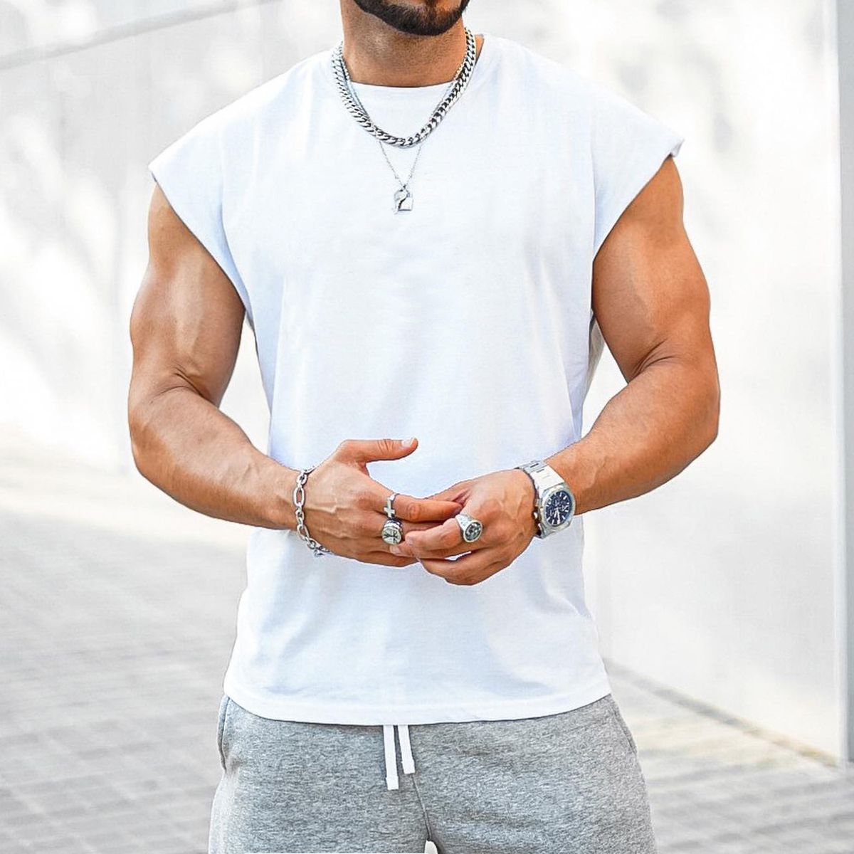 Summer Men Pure Color Tank Top Cotton Workout Jogger Sleeveless Shirt Gym Fitness Training Waistcoat Male Vest Casual Top Cloth(#white)