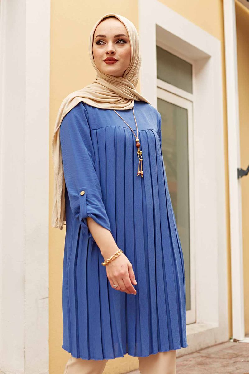 Pleated Tunic Gray Women Long Sleeve Plus Size Tops Abaya Dubai Vintage-Blue
