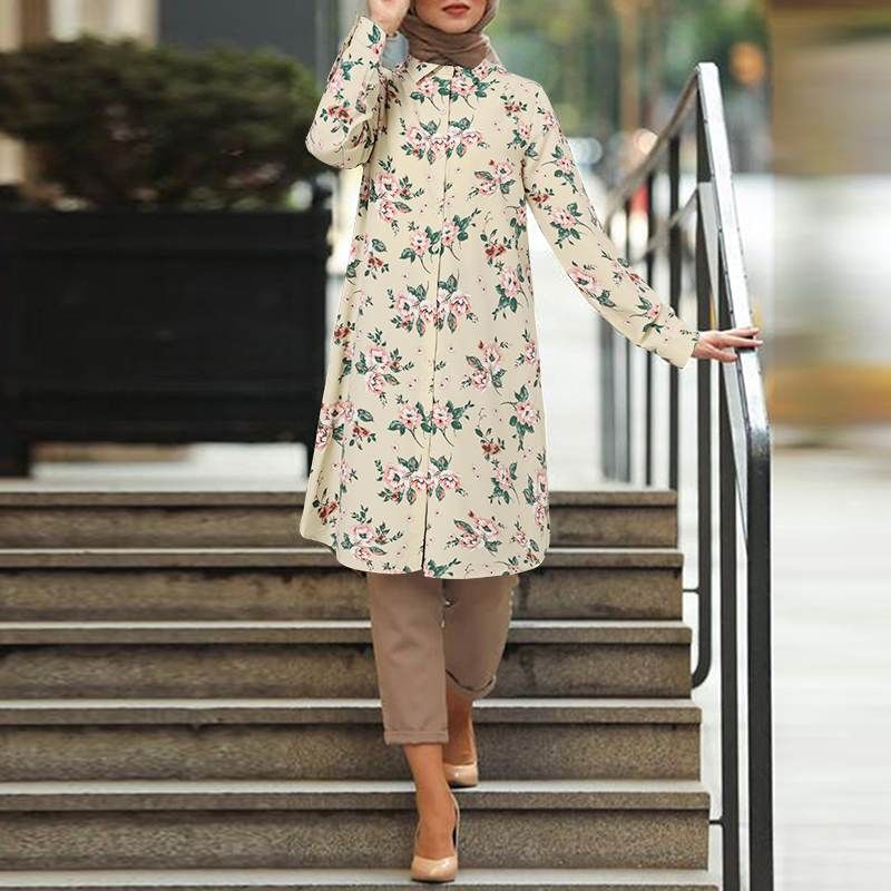ZANZEA Women Long Sleeve Blusas Muslim Blouse Abaya Kaftan Tops 2022-Beige
