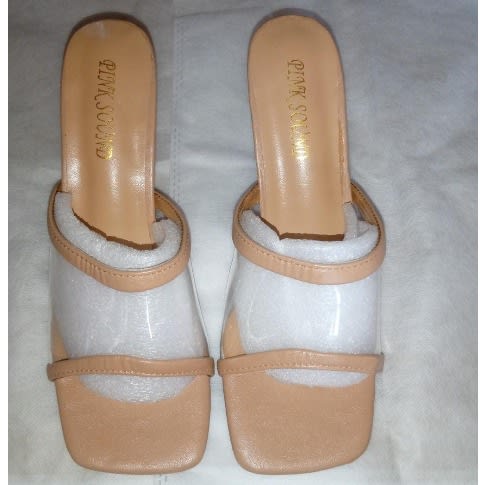 Ladies Transparent Leather With Crystals Heels Slippers - Brown