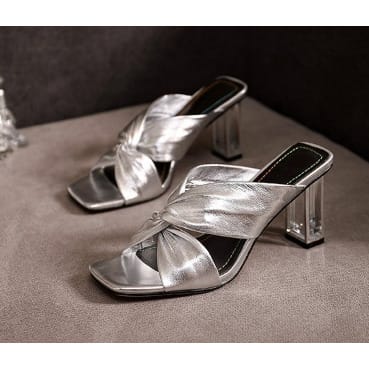 Twisted Crystals Heels Ladies Slipper-SILVER