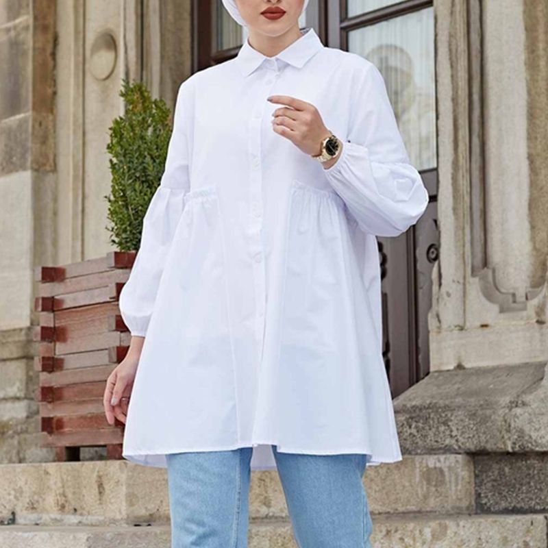 ZANZEA Women Summer Blouse Casual Full Sleeve Tops Fashion Solid Baggy-white