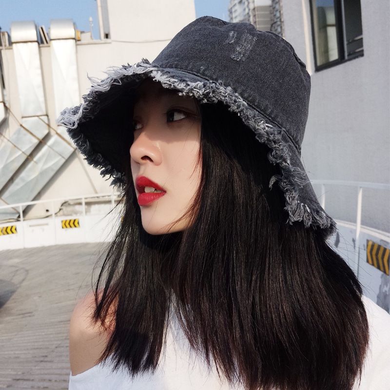 New Summer Uni Tassel Washed Denim Bucket Hats Fashion For Women Wide Brim