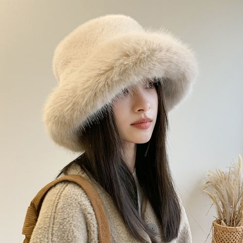 （Style 2 Beige）Faux Fur Bucket Hat Winter Warm Furry Hats For Women Lady Thicken Bob Panama Outdoor Fisherman Hats Caps Girls DON