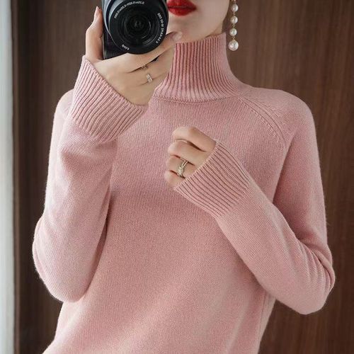 Women Turtleneck Autumn Winter Sloid Knitted Casual Pullover Sweaters-Pink